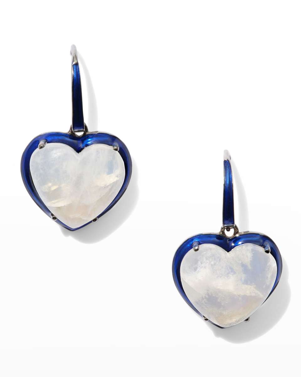 Small Enameled Heart Drop Earrings, Rainbow Moonstone